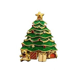 Monet Vintage Brooch Pin Christmas Tree Bear Presents Rhinestone Gold Tone EUC